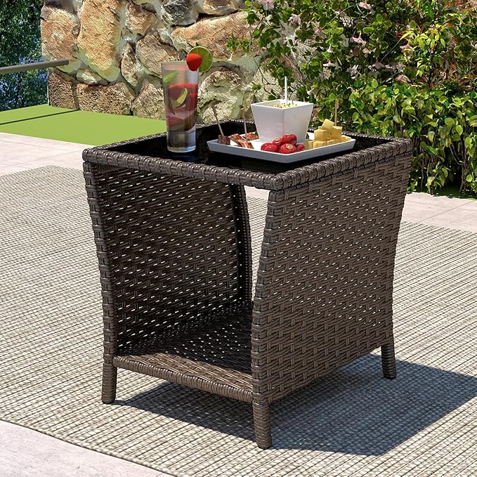 kinbor Outdoor Wicker Side Table - Tempered Glass Top Small Outdoor Table with Storage Shelf for Patio, Balcony & Porch, Durable PE Rattan & Iron Frame