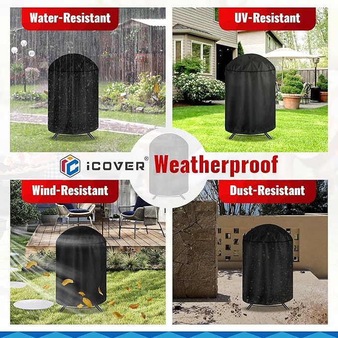 iCOVER Round Grill Cover, 29" Dia x 38" H Dome Smoker Cover, Waterproof Charcoal Kettle Grill Cover, UV Resistant BBQ Cover, Outdoor Barbecue Cover for Weber Char-Broil, Brinkmann and More