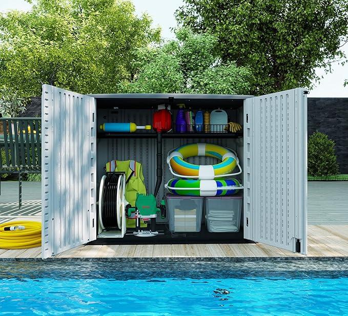 HOMSPARK Storage Shed Weather Resistance, Multi-Purpose Outdoor Storage Cabinet for Backyards and Patios, Horizontal Storage Shed for Lawnmower, Patio Accessories (White 1, Large - 26 cu.ft)
