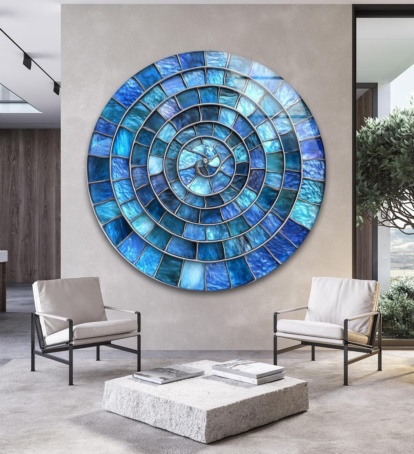 My Photostation.com 27.5''(70cm) Diameter Blue Aqua Spiral Harmony Round Glass Wall Art Tempered Glass Printing Wall Decor Large Wall Art Wall Hangings