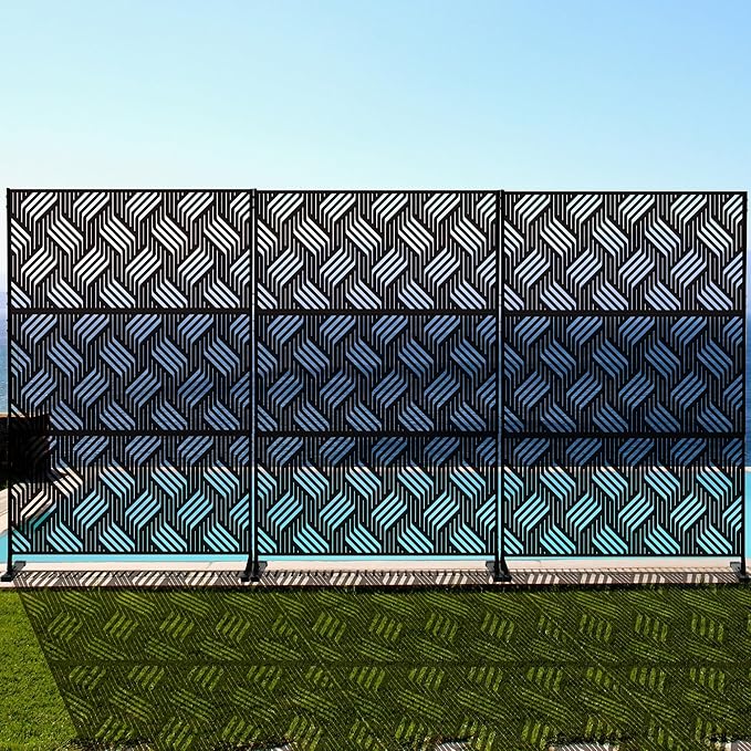 Kozyard Metal Privacy Screen 74" H x 47.2" W Decorative Outdoor Divider with Stand Panels Freestanding Screen Set for Deck Patio Balcony Garden Outdoor&Indoor(Black/Iron Weave)