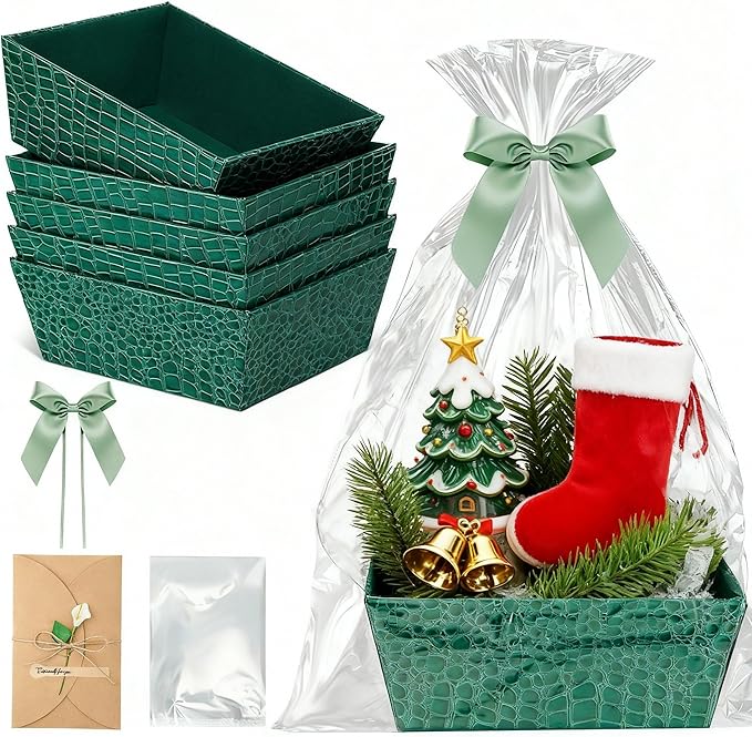 Wonderjune 20 Pcs Valentines Day Gift Baskets Empty To Fill Baskets For Gifts Empty With Gift Bag Bow Valentines Gifts Storage Basket Bulk for Wedding Party Wrapping(Green)
