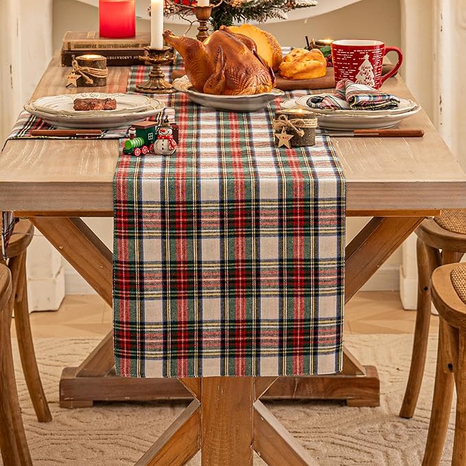 Red White Plaid Christmas Table Runner, Winter Holiday Table Runners 48 inches Long, Xmas Decorations Indoor Outdoor Farmhouse Home Kitchen Dining Party Decor