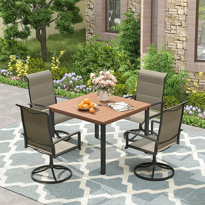 VICLLAX Outdoor Patio Dining Table for 4, Metal Square Patio Table with Umbrella Hole for Backyard Porch, Walnut 40.2"