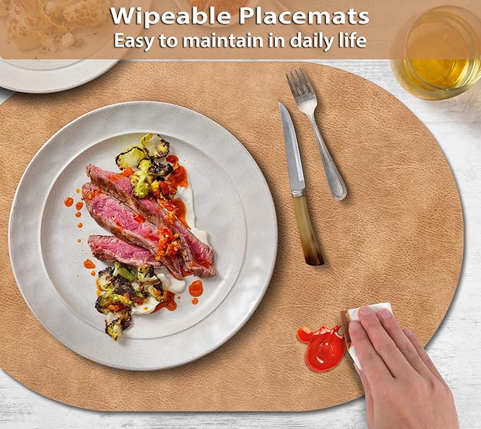 ADRIMER Placemats, Heat Resistant Oval Placemats Set of 12 Washable 12 x 17 Inch, Waterproof Table Mats, Wipeable Pu Place Mats for Kitchen, Dining Room, Light Brown