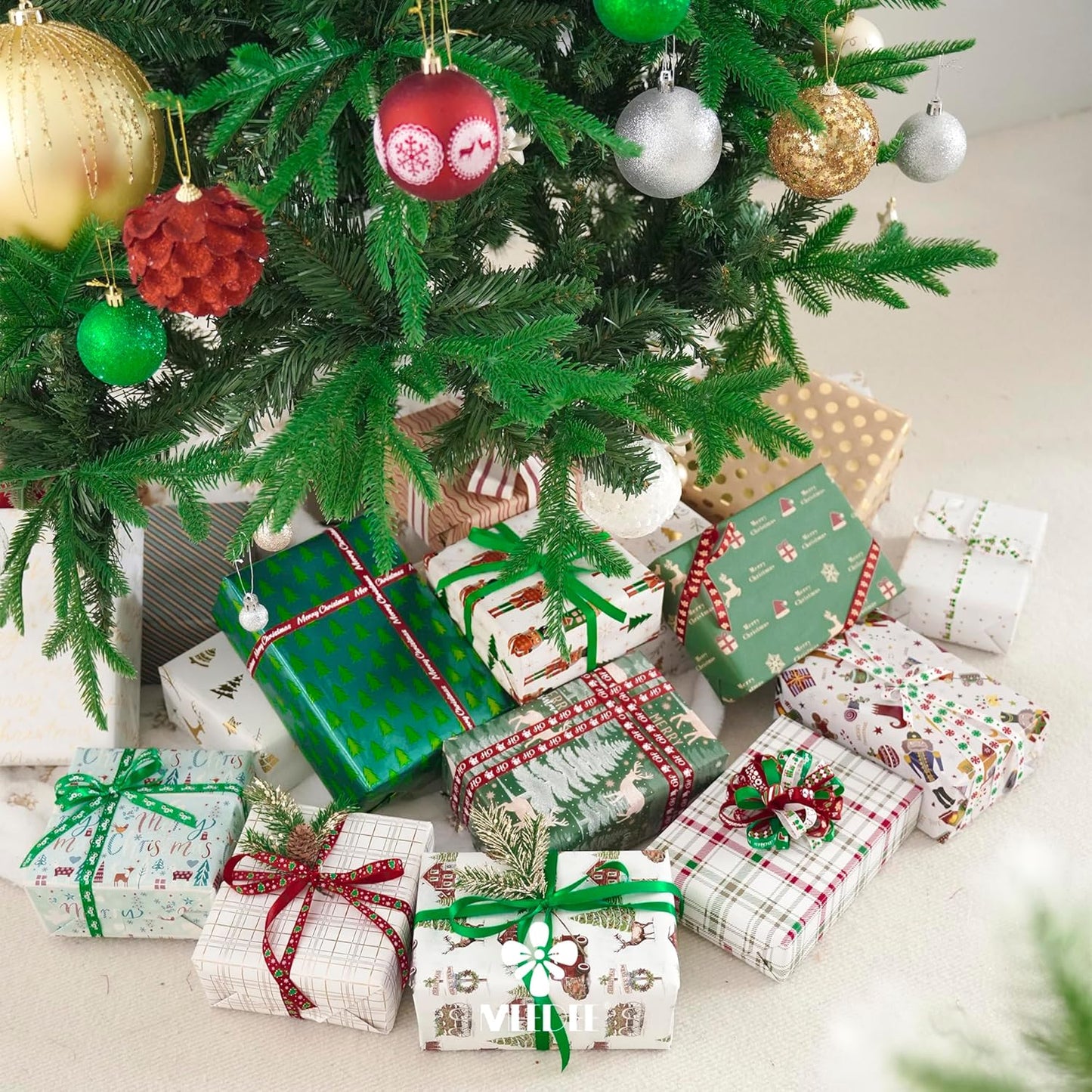 MEEDEE 3/8 inch 100 Yards Assorted Christmas Ribbon - Pack of 20 in Red, Green & White - Mix Grosgrain & Double Face Satin Ribbon for Holiday Décor, Gift Wrapping, Xmas Wreath Bow or Crafting Project