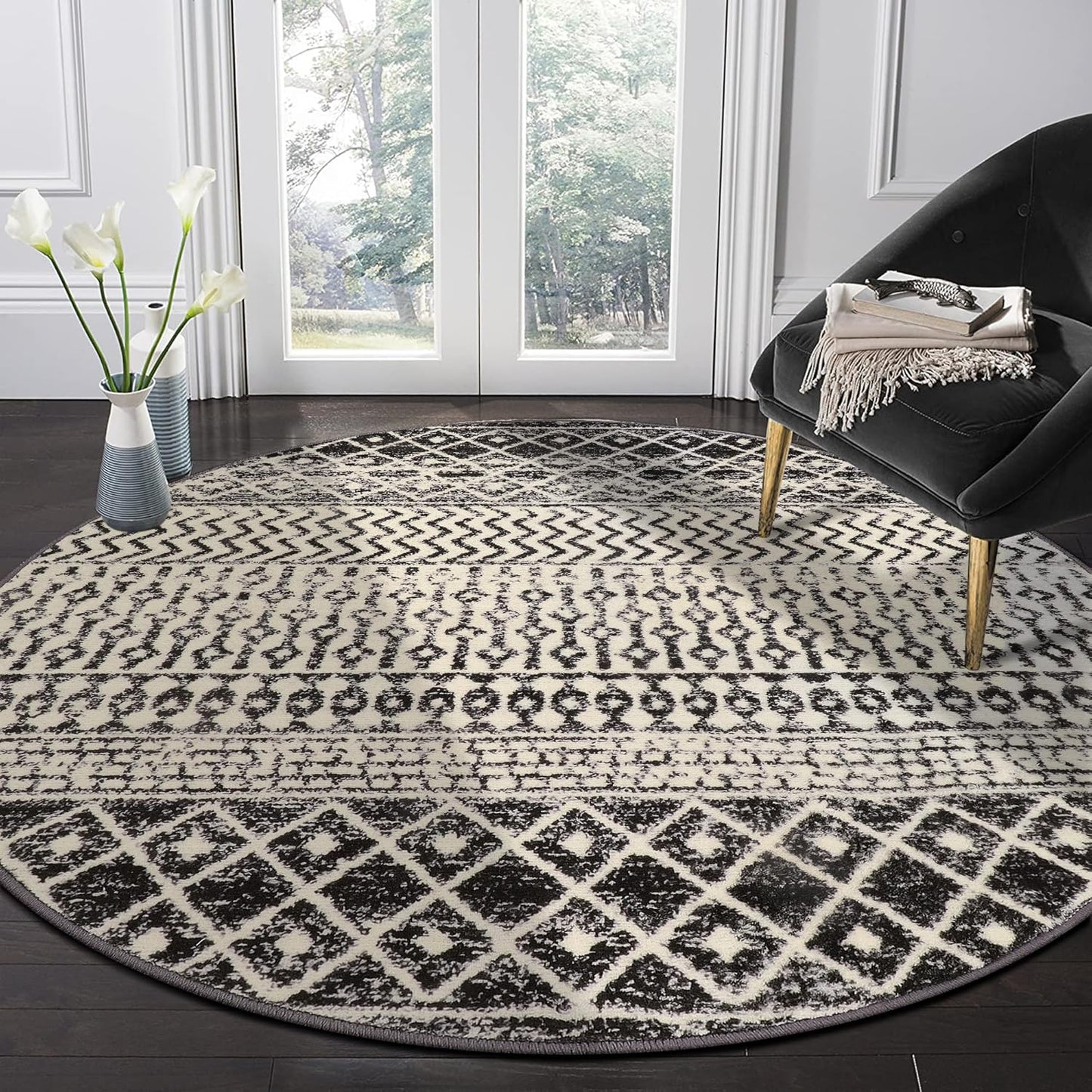 Boho Round Rug 5ft, Soft Non-Slip Distressed Circle Kitchen Mat Dining Room Rug, Washable Retro Living Room Area Rug Throw Carpet for Bedroom Kids Room Entryway