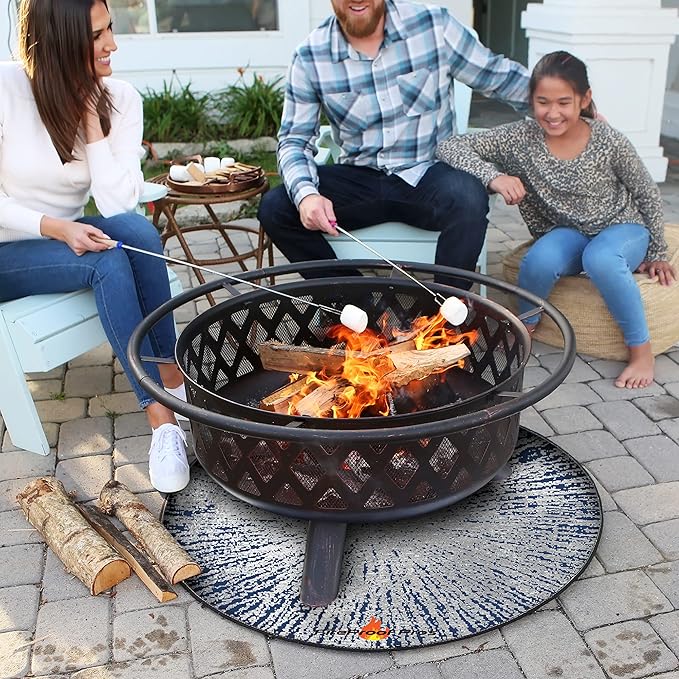 40" Blue Color Design fire mat for Under firepit. Heat Retardant Pattern That insulates Heat and Protects from Falling Embers. Heat Insulation Flame Protection