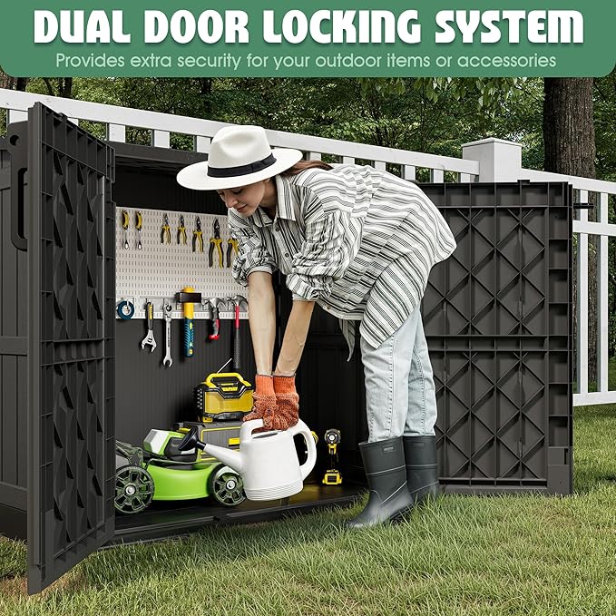 Outdoor Horizontal Resin Storage Shed,Portable Outdoor Storage Cabinet 36 Cu Ft with Lockable Doors -Waterproof Storage Box for Backyards,Easy to Assemble Black