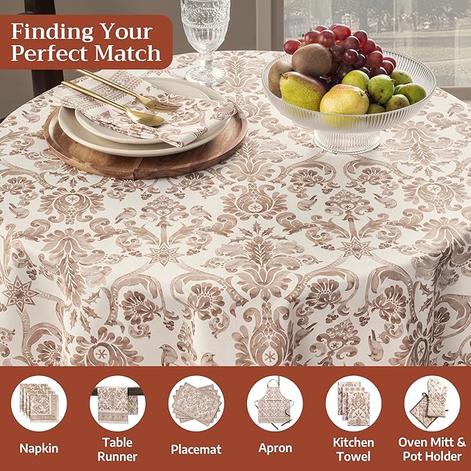 Maison d' Hermine Table Cloth Round Table 100% Cotton 69 Inches Fall Tablecloth Reusable Everyday Use for Thanksgiving Christmas Decorations Dining Farmhouse Party (Allure)