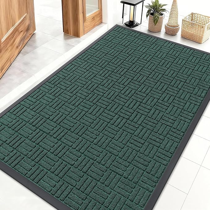 OLANLY Front Door Mat Outside Entrance 47x32, Absorbent, Heavy Duty Sturdy Natural Rubber Doormat Indoor Outdoor, Non-Slip, Stain and Fade Resistant, Low Profile Floor Mat for Entryway, Black Green