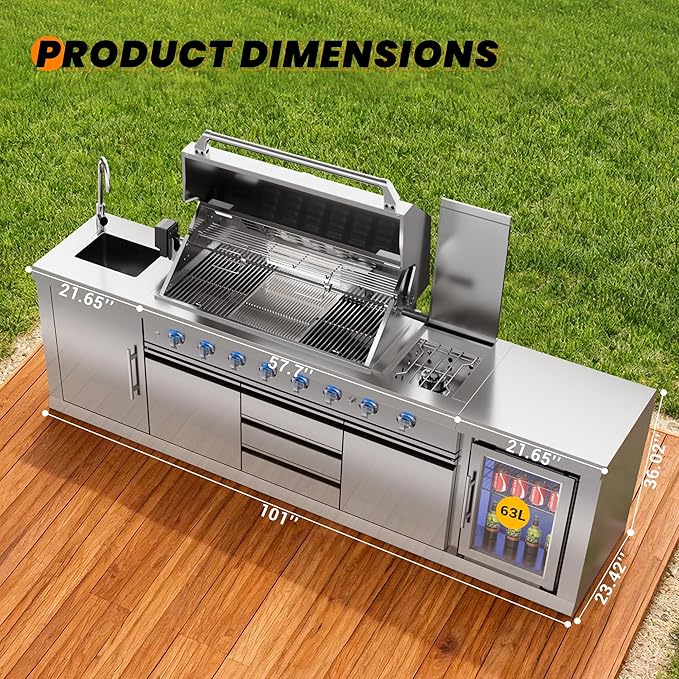 CT Copper Tailor 6-Burner Outdoor Kitchen BBQ Grill Island 99,000 BTUs with Sink, Fridge, Rear Burner, Side Burner, Storage Cabinets & Drawers, Cover, Stainless Steel with Natural Gas Kit)