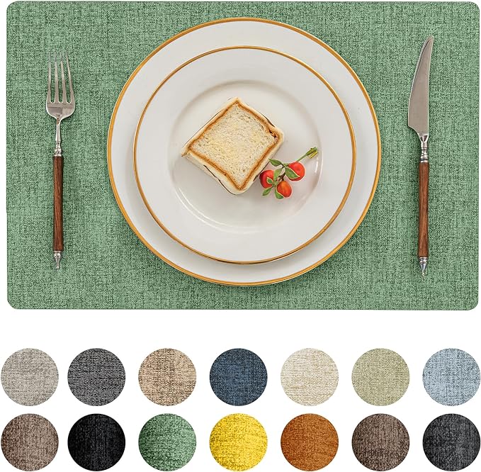 Romanstile Vinyl Placemats Set of 8-12 X 17 Inch - Heat Resistant Place Mats 100% Waterproof Oilproof Wipeable Reversible Faux Leather Table Mats for Kitchen, Dining, Party, Outdoor, Dark Green