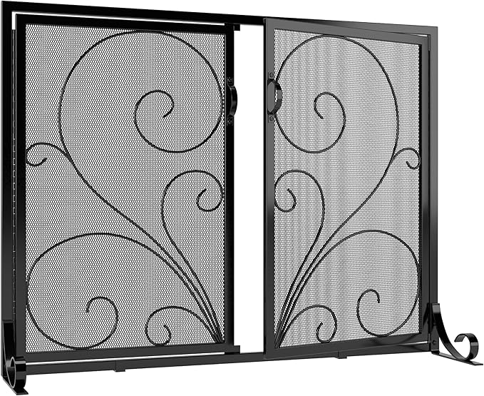 Flat Fireplace Screen with Doors,Solid Wrought Iron Frame with Metal Mesh, Flat Panel Decorative Fireplace Screen with Scroll Design, Free Standing Spark Guard