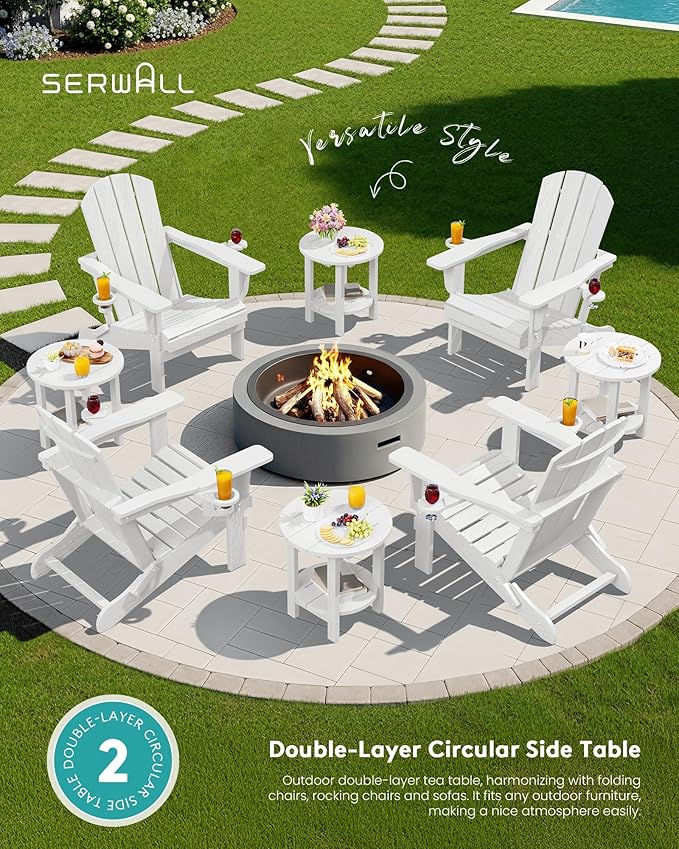 SERWALL Round Outdoor Side Table, HDPE Small Adirondack End Table,2-Tier Patio Side Table for Backyard Pool Porch Garden Lawn, White