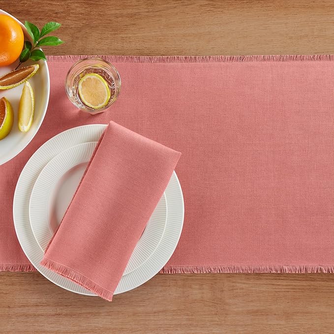 Solino Home Fringe Linen Table Runner 36 Inches - 100% Pure Linen Dusty Rose Table Runner 14 x 36 Inch Ideal for Dresser and Coffee Tables - Valentines, Spring, Easter
