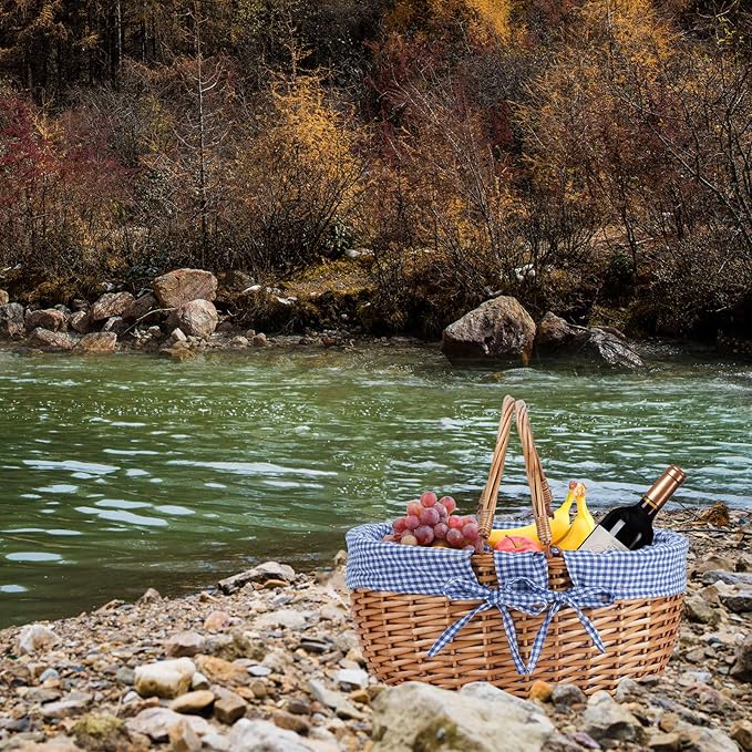 G GOOD GAIN Wicker Picnic Basket with Double Folding Handles,Willow Picnic Hamper,Natural Hand Woven Easter Basket,Easter Eggs and Candy Basket,Bath Storage,Gift Packing Basket.Blue