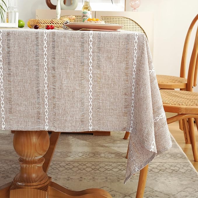 Chassic 60 x 104 inches Farmhouse Style Linen tablecloths, Wrinkle Resistant Washable Dining Room Table Cloths for 6 Foot Rectangle Tables - Hemstitch Light Coffee