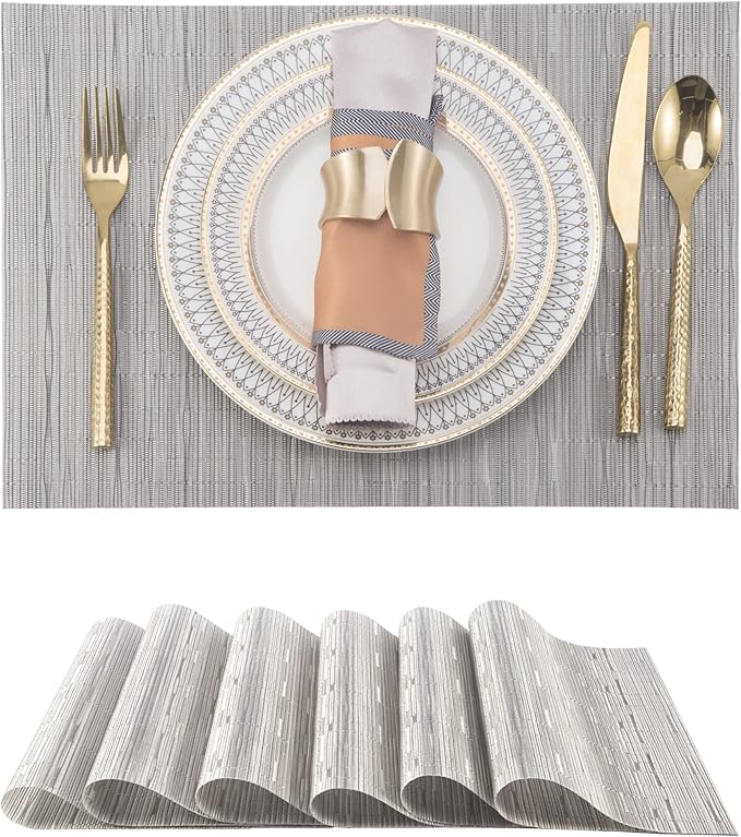 SLKQG Vinyl Placemats Set of 6 - Easy Clean Modern Durable Washable Place Mats - Heat Resistant Placemats for Kitchen Table - PVC Table Mats for Dining Table (Sliver, 6)