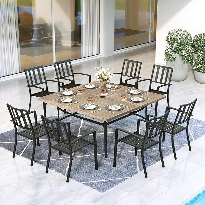MFSTUDIO Outdoor Dining Set for 8, Patio Table and Chairs Set with Umbrella Hole, 9 Piece Metal Patio Furniture Set for Deck Backyard Poolside Garden