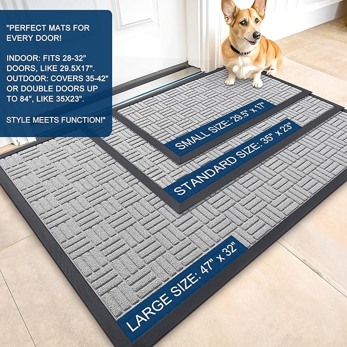OLANLY Front Door Mat Outside Entrance 29.5x17, Absorbent, Heavy Duty Sturdy Natural Rubber Doormat Indoor Outdoor, Non-Slip, Stain and Fade Resistant, Low Profile Floor Mat for Entryway, Light Gray