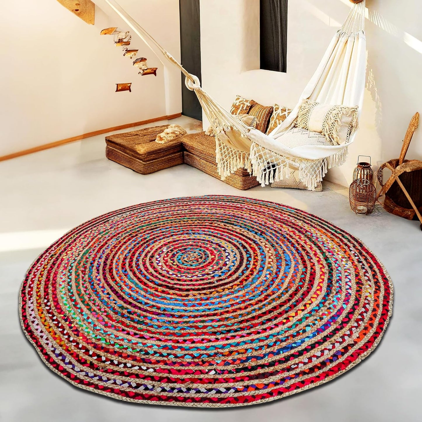 4' Round Handwoven Jute Chindi Area Rug - Colorful Boho Rugs for Living Room - Hand Braided Multicolor Bohemian Rug for Farmhouse, Bedroom, Dining Room, Classroom, Hallway, Kitchen, Office