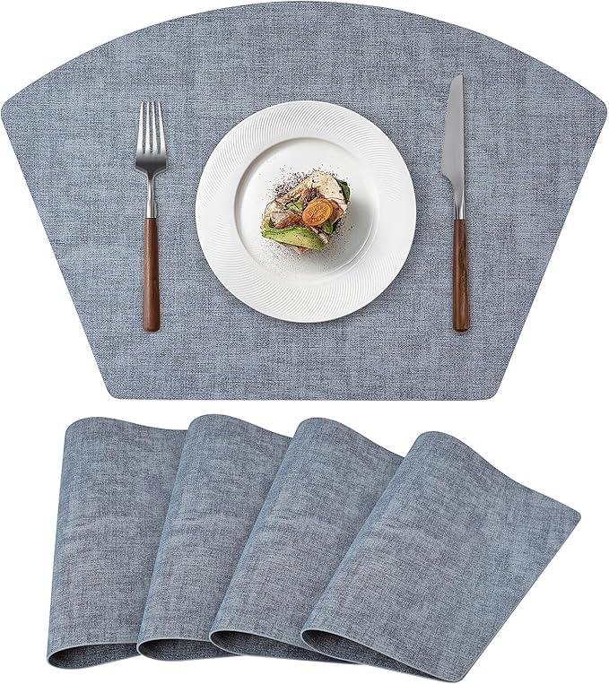 Round Table Placemats Set of 4, Faux Leather Wedge Shape Place Mats Heat Resistant Wipeable Washable Table Mats for Dining Outdoor Indoor, Blue