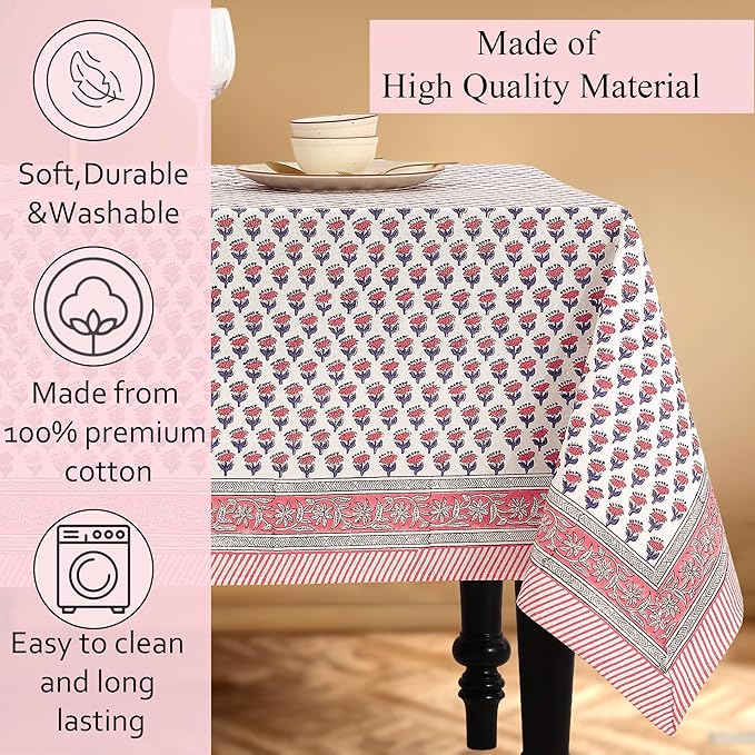 CPC Tablecloth 100% Cotton 72x140 Inch Indian Block Print Rectangle Table Cover, Pink Table Cloth for Weddings, Spring/Summer, Barbeque - Pink Sapphire