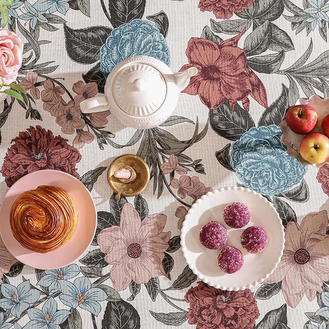 French Linen Tablecloth for Rectangle Table,Red and Blue Floral Durable Extra Long Tablecloths,Home Decor Table Cover for Kitchen,Dining,Thanksgiving,Farmhouse,67" × 118"-Burgundyred