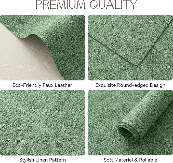 Romanstile Vinyl Placemats Set of 8-12 X 17 Inch - Heat Resistant Place Mats 100% Waterproof Oilproof Wipeable Reversible Faux Leather Table Mats for Kitchen, Dining, Party, Outdoor, Dark Green