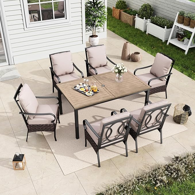 MFSTUDIO 7 Pieces Patio Dining Sets for 6, 64" Rectangle Wood-Like Dining Table for 6, Cushioned Metal Chairs, Outdoor Table and Chairs, Heavy Duty Dining Furniture for Backyard, Porch
