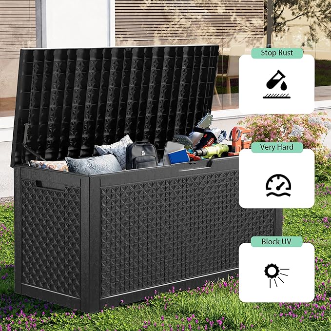 EasyUp 121 Gallon Outdoor Storage Box Waterproof, UV Resistant Resin Deck Box with Hydraulic Rod, Reinforced Stability for Patio, Garden, Quad Leaf Black