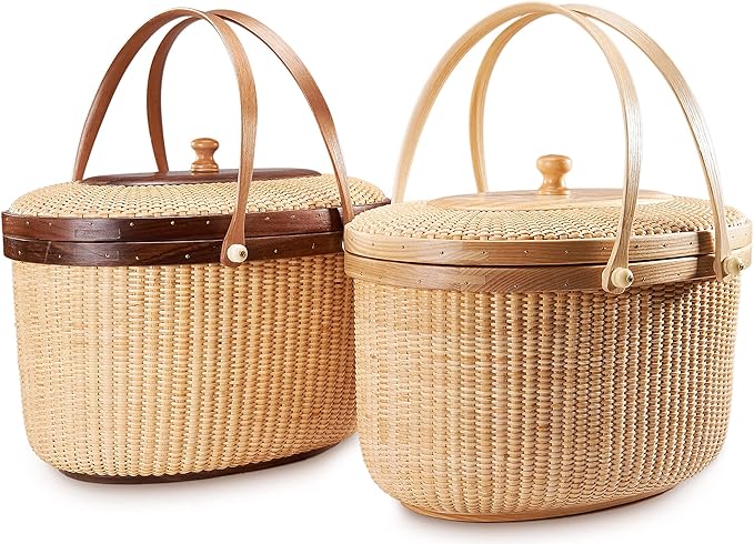 Nantucket Style Basket Picnic Basket Rattan Handmade Products Woven Sewing Storage Basket Two Swing Handles Tote Bag for Women