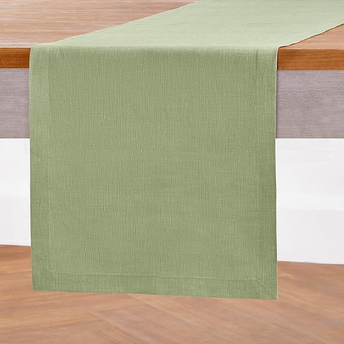 Solino Home Linen Small Table Runner 48 Inches - Athena, 100% Pure Linen Chambray Olive Table Runner 14 x 48 Inch Ideal for Dresser and Coffee Tables - Spring, St Patricks Day