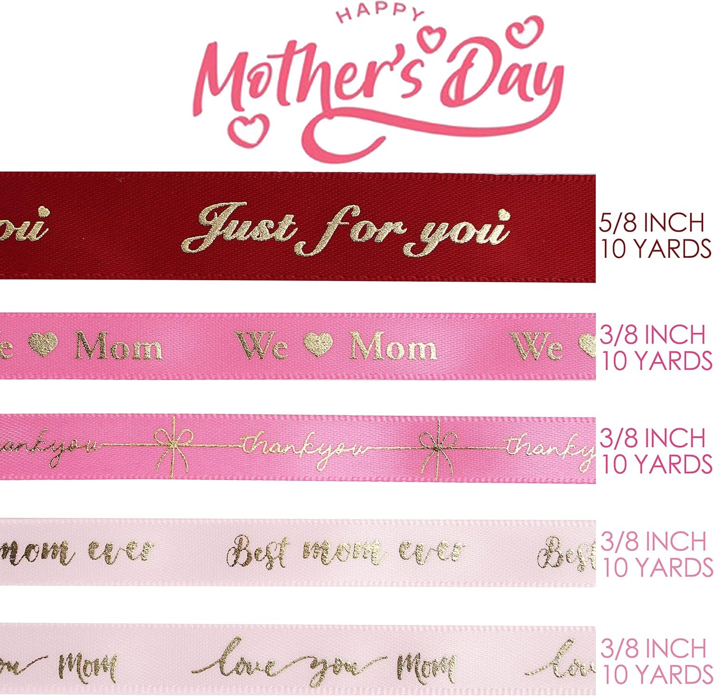 MEEDEE Pink Ribbon for Gift Wrapping Thank You Just for You Ribbon Mothers Day Gift Box Double Face Satin Assortment Thin Pink Satin Fabric, 5 Rolls 10 Yards Each Total 50 Yards