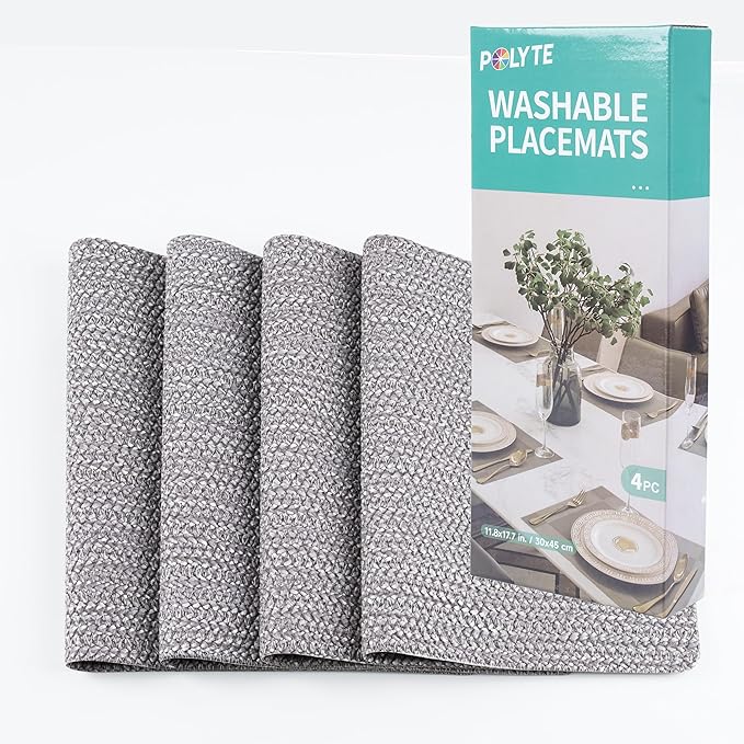 POLYTE Indoor/Outdoor Washable Woven Vinyl Table Dining Placemats, Set of 4
