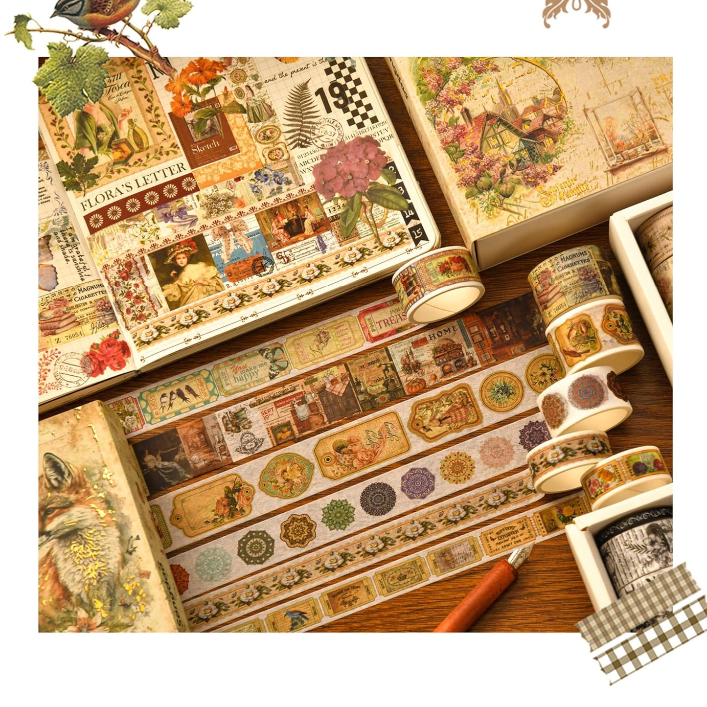 36 Rolls Vintage Washi Tape Pack Retro Arts Adhesive Tapes Wide Chronicle Decorative Masking Tape Sets for Craft, Kids, Scrapbook, DIY, Gift Wrapping (Madame de Pompadour)