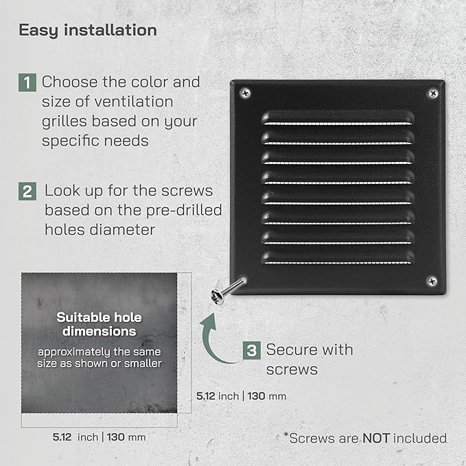 Vent Systems - 5 x 5 Inch (Inner) Pack of 2 Black Metal Square Soffit Air Vent Grille Cover, Register Vent Deflector Louver Built-in Mesh HVAC for Bathroom Home Office Kitchen 6.5" x 6.5" (Outer)