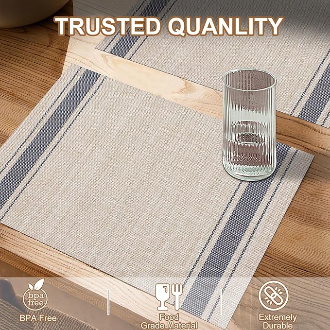 BETEAM Placemats Set of 6, Woven Vinyl Placemat for Dining Table Washable Wipeable Kitchen Place Mats Durable Indoor Outdoor Table Mats