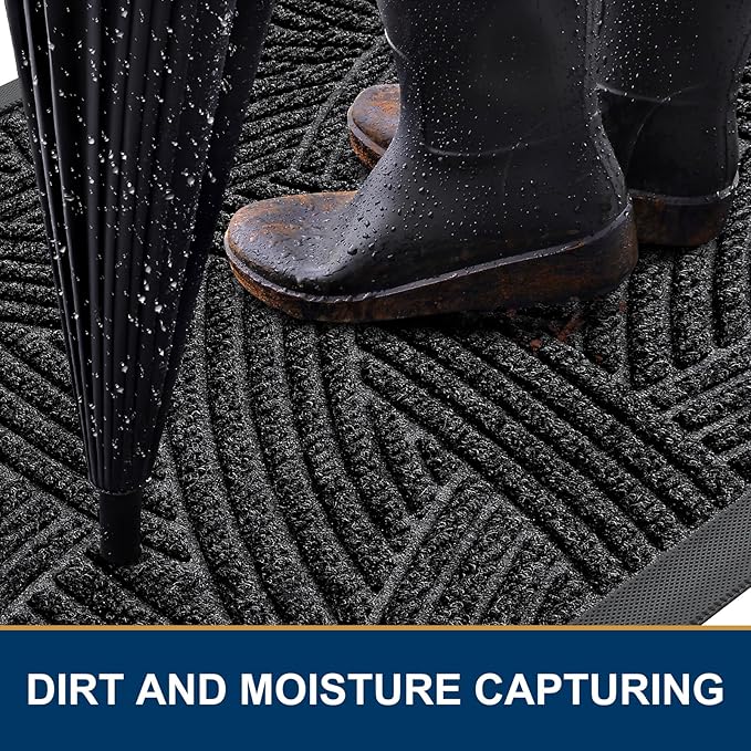 Smiry Front Door Mat Outside Entrance, Heavy Duty Sturdy Natural Rubber Doormat, Trap Dirt and Moisture, Easy Clean Low Profile Mats for Indoor Outdoor Entry, Interwoven Stripes (29.5x17, Black)
