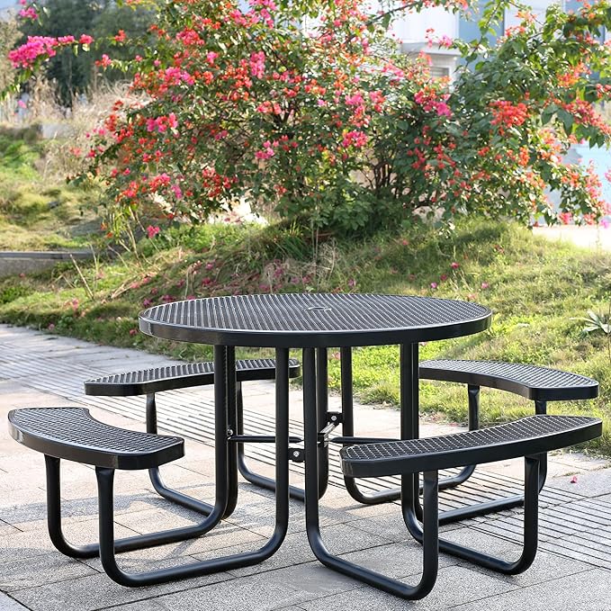46'' Round Metal Picnic Table for Outdoors, Commercial Steel Metal Picnic Tables, Heavy Duty Sturdy Picnic Tables Furniture Set for Patio Garden Courtyard BBQ, with Umbrella Hole