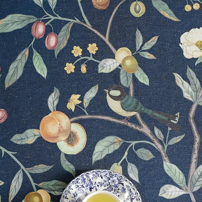 Linen 55 Inch Round Tablecloth,Wrinkle Resistant French Blue Tablecloth Print with Froal,Decor Stitch Table Cloth for Thanksgiving,Dining Room,Home,Kitchen Diameter 55"-DeweyA Blue