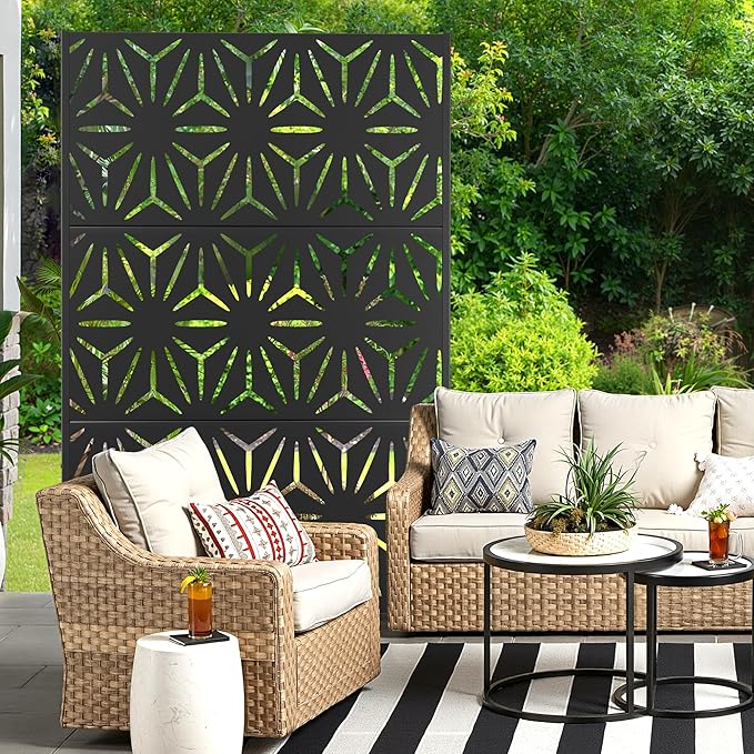 Metal Privacy Screen for Outdoor & Indoor Use, Free Standing Privacy Screen for Patio Garden Pool, 72" H x 47" W Decoative Privacy Panels, Weather Resistant, Easy Assembly (Black Star)