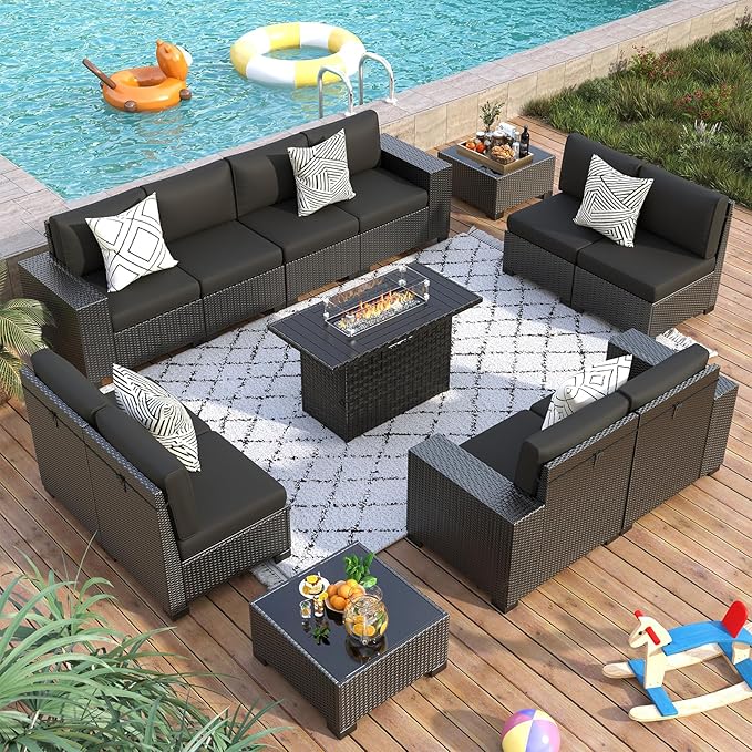 13 Piece Patio Furniture Set with Fire Pit Table, Outdoor Sectional Conversation Sets Black Wicker Rattan Sectional Sofa for Patio Garden Backyard, 4'' Thickened Cushion