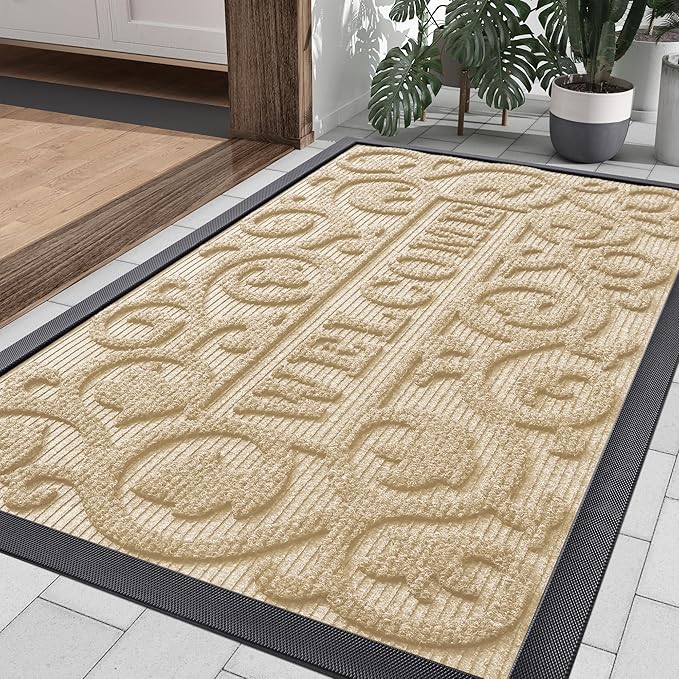 Smiry Welcome Door Mat Outside Entrance, Heavy Duty Trap Dirt and Moisture Easy Clean Low Profile Patio Porch Indoor Outdoor Front Doormat for Entry, 36x24 Inch, Beige