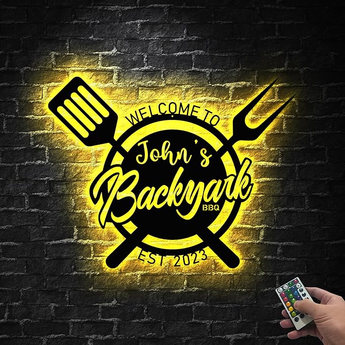 Personalized Backyard BBQ Sign - Custom Welcome Grill Metal Wall Art, Barbecue Led Light Up Sign, 16-Color LED with Remote Control, Neon Grill Decor for Dad, Man Cave, Home Bar, Patio