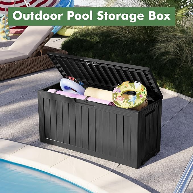 Outdoor Storage Box, Resin Deck Boxes Indoor and outdoor, Waterproof Storage Box Lockable Lid (Black, 73 Gallon)