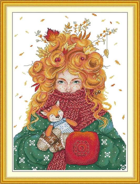 Threadhaven Cross-Stitch Kit 14CT Aida Counted Embroidery Complete Set with Fabric, Threads, Needles & Chart-Premium Beautiful Girls Design for Adults & Beginners- Redhead. 13''×17.3''