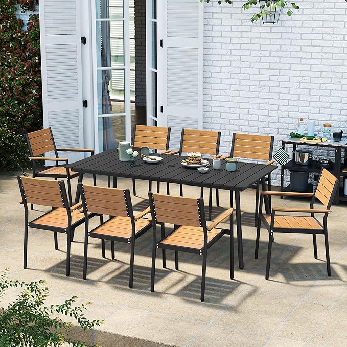 83" Patio Outdoor Dining Table for 6-8, Weather-Resistant Wood-Grain Top with Aluminum Frame & Umbrella Hole for Deck Gatherings, Black