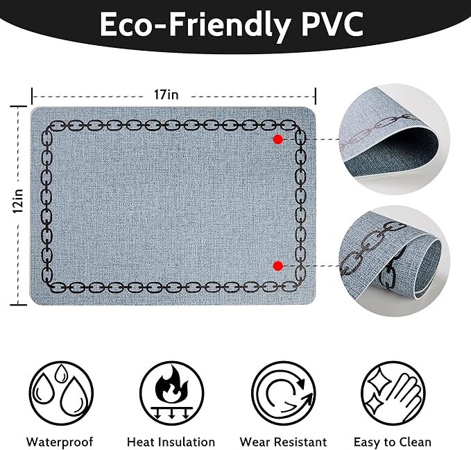 Placemats Set of 6, Heat Resistant & Waterproof Table Mats for Dining, Non Slip Scratch Proof Place Mats for Kitchen, Easy to Clean - Outdoor,Indoor Use（17x12 Inch）